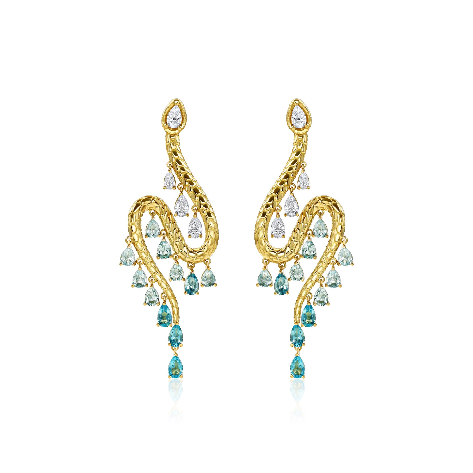 Пусеты-змеи из желтого золота с бриллиантами и топазами, 1.213 карата.