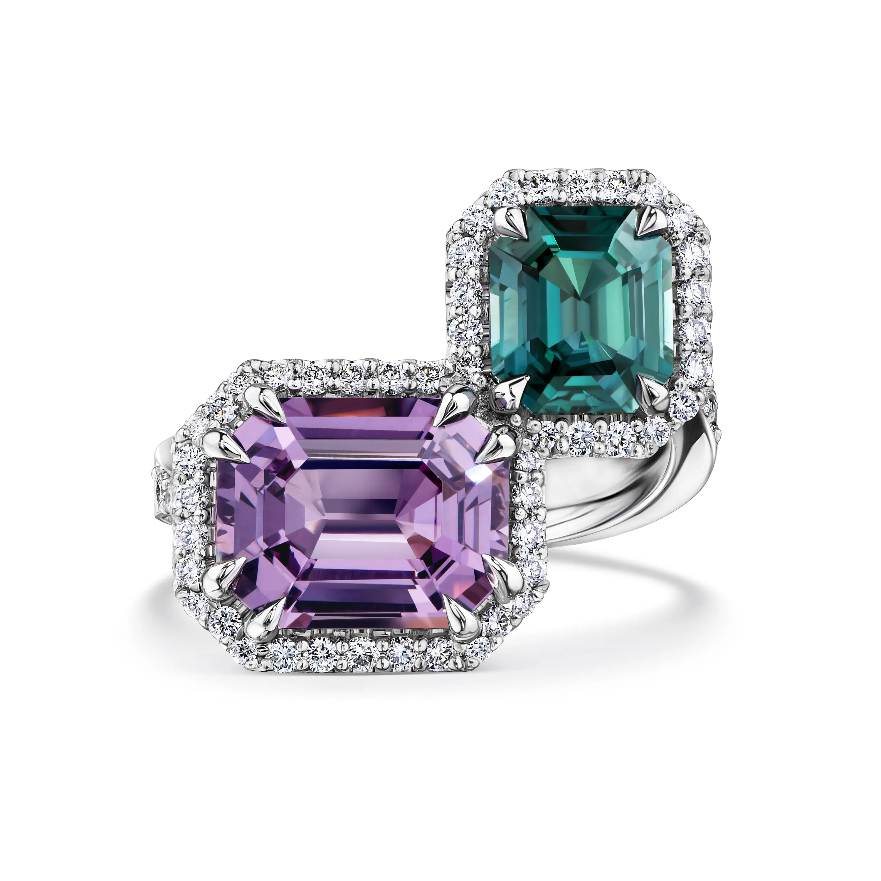 Кольцо Toi et Moi с белым золотом, шпинель 3.36 карат, сапфир 1.73 карат