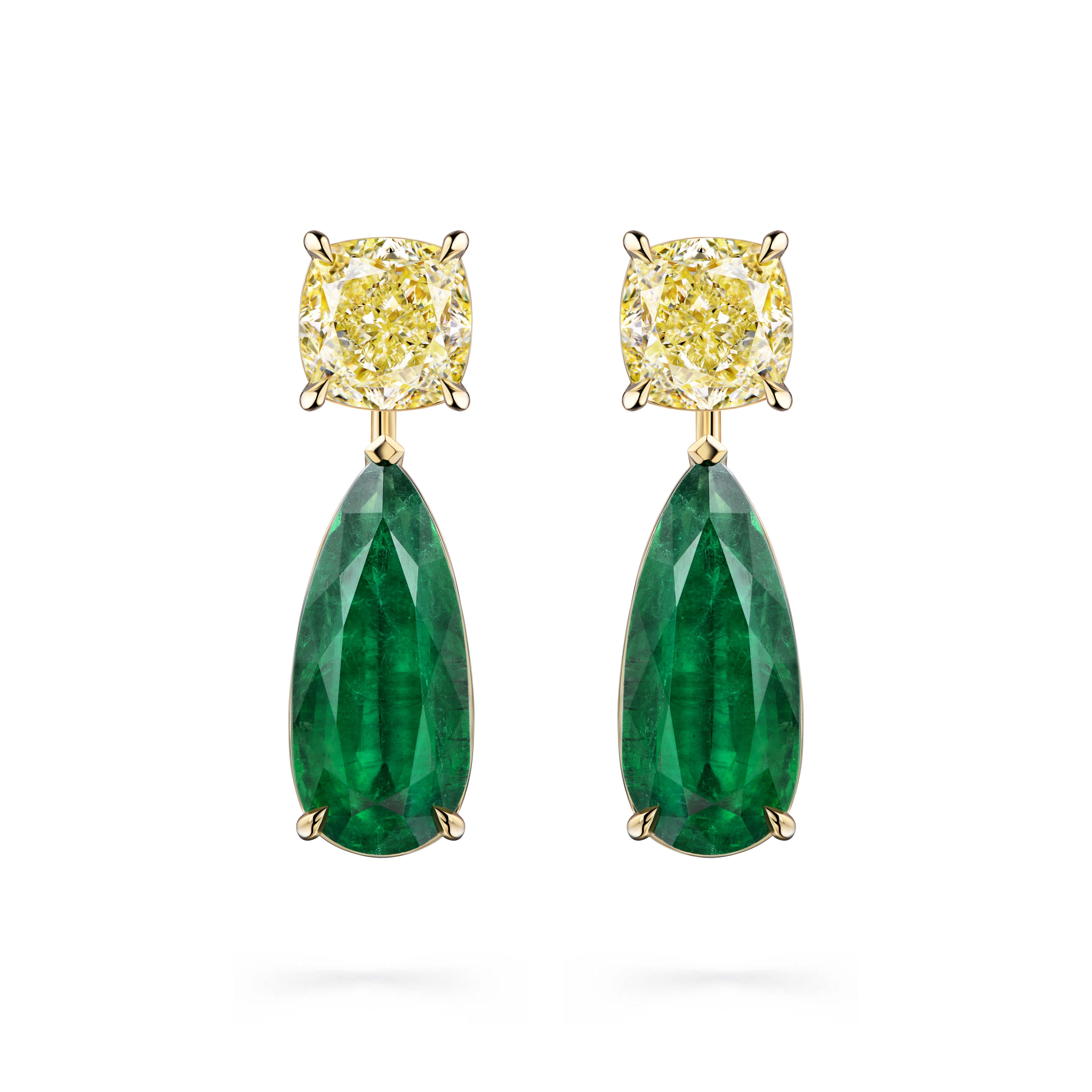 Серьги-трансформеры из белого золота с изумрудами и желтыми бриллиантами