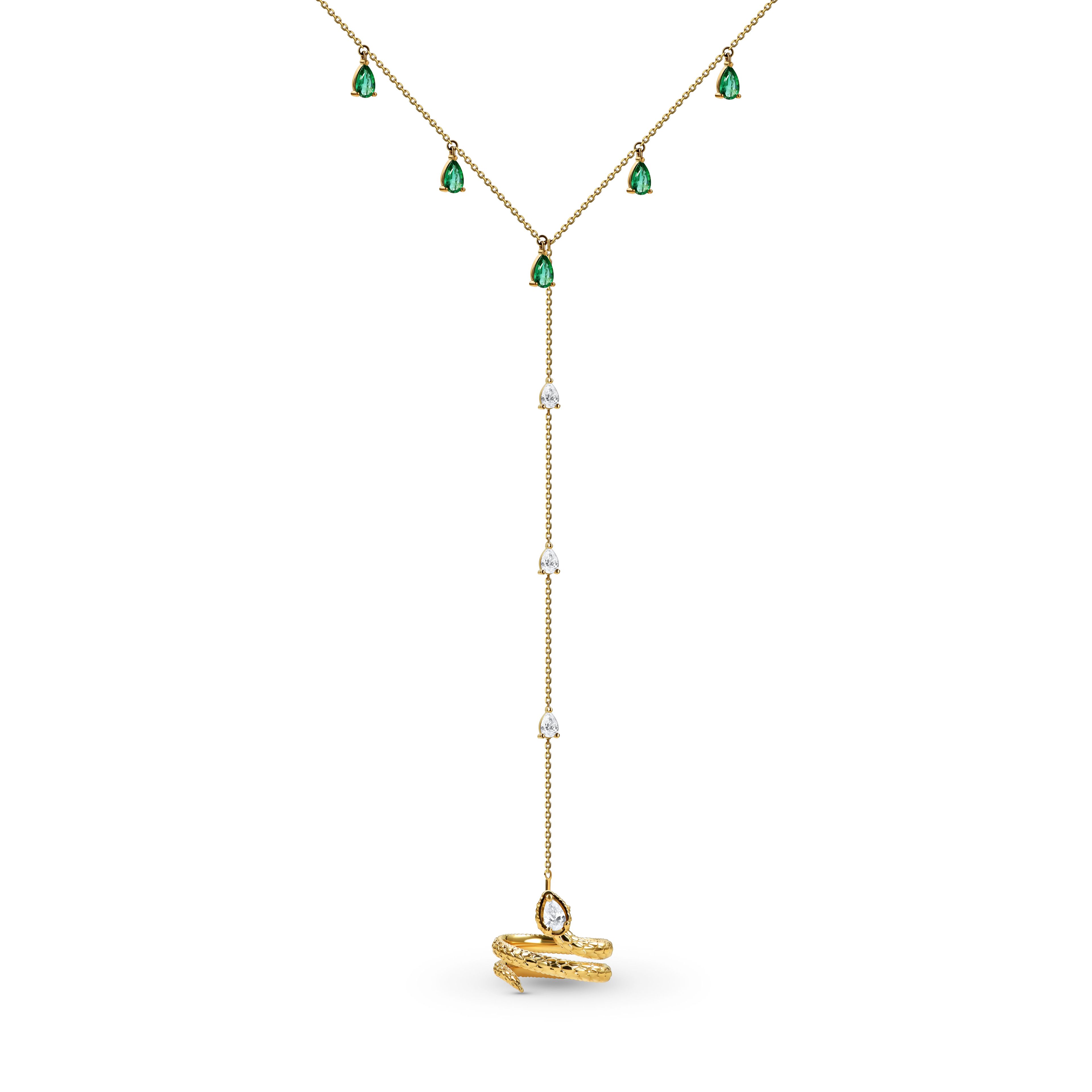 Браслет с кольцом на мизинец из желтого золота с бриллиантом и изумрудом 0.546 кт