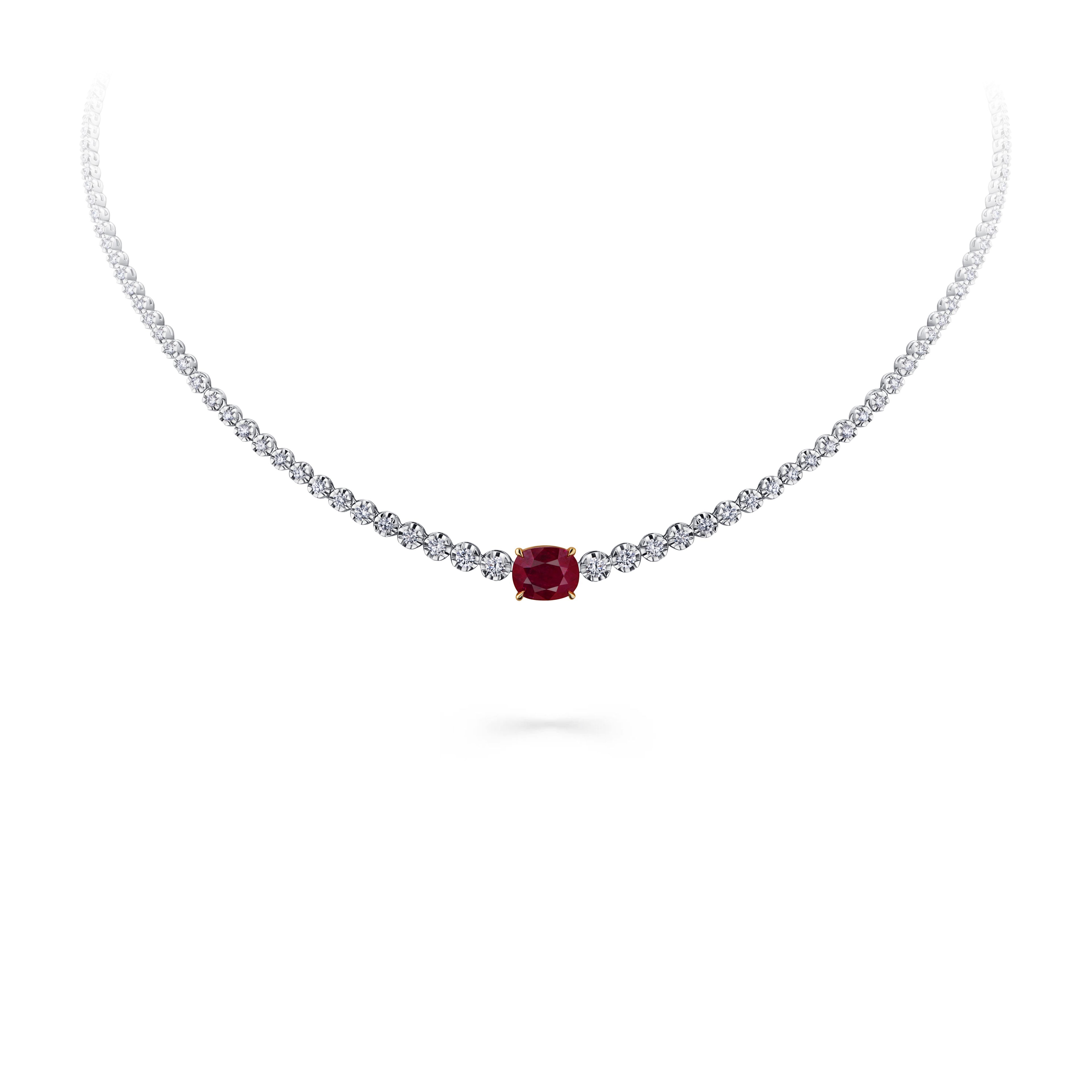 Теннисное колье из белого золота с рубином 3.11 карат